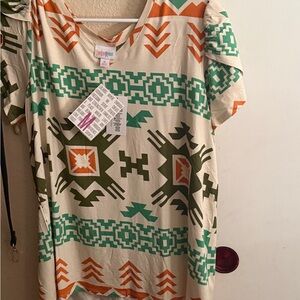 LuLaRoe Geometric Print Short Sleeve Tee - Green, Orange, Cream